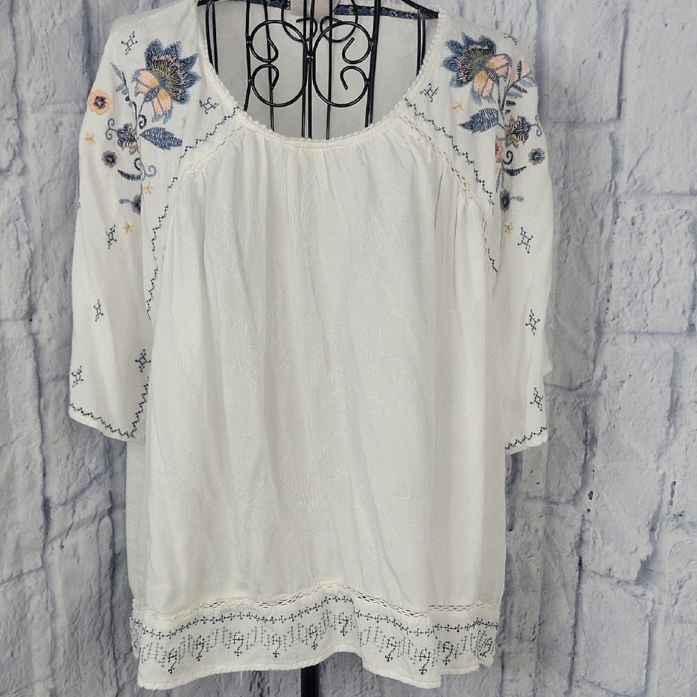 Knox Rose XL Ivory Embroidered Floral Peasant Blouse Boho Crochet Lace Top